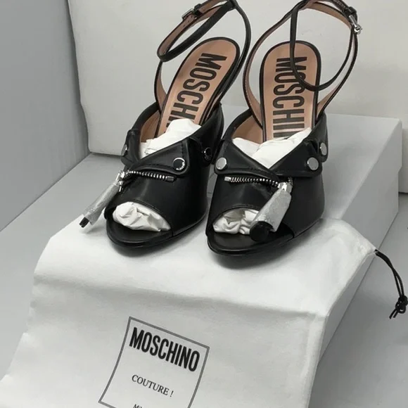 NIB Moschino Couture biker motif black ankle strap sandals, size 8.5 - Picture 9 of 9